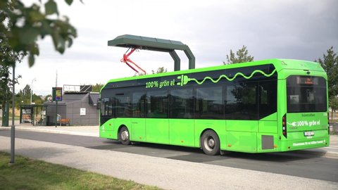 Malmo - Sweden august 16 2019: Renewable electricity to the electric buses in Malmo that gives you the opportunity to travel climate smart.