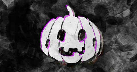32 halloween icons, animated with a grungy stop motion feeling with pink highlights. ghosts, skulls, grave, spider, witch, monsters, moon, and more icons with dark background. Inky analog material.