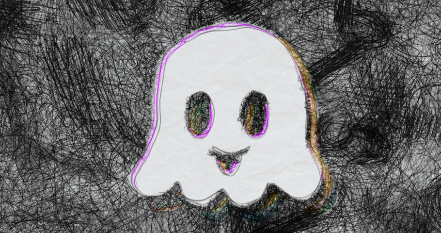 32 halloween icons, animated with a  black and white grungy stop motion feeling, with pen scribbles and golden details. Ghost, skull, scream, coffing, witch hat, cat, monsters, bat, lettering, spider