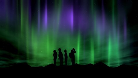 The Silhouette of people looking up to the stars and the Aurora Borealis or Northern Lights.