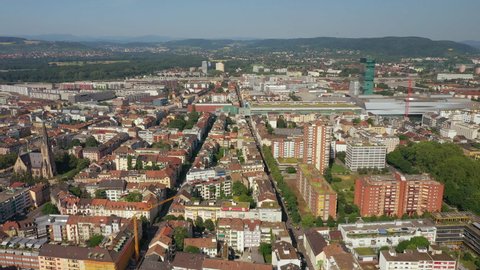 summer day flight over basel city traffic streets aerial panorama 4k switzerland