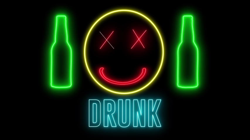 Neon light of a bottle beer, drunk emoji and text of "DRUNK". Concept of drinking alchol, bar or club signboard. Retro design. 