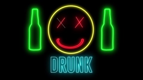 Neon light of a bottle beer, drunk emoji and text of "DRUNK". Concept of drinking alchol, bar or club signboard. Retro design. 