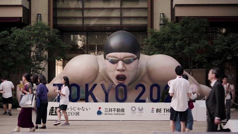 TOKYO,JAPAN - July 26,2019: Event "Be the change Tokyo 2020" on the theme of the Tokyo Olympics Games  in 2020. Passers-by test sports disciplines to rediscover the limits exceeded by the top athletes