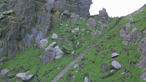 Skellig Michael. Aerial view of the steps climbing to the smaller summit & the monastic settlement ruins, dating back to 588ad.