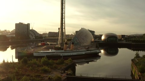 Glasgow Scotland sunrise aerial view of ship and tower