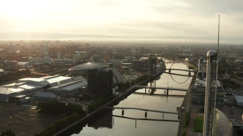 GLASGOW, SCOTLAND - 2019: Glasgow Scotland city aerial view at sunrise with science centre tower and river Clyde