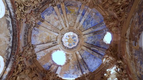 Rotating view of ceiling ruins of a destroyed church in the ancient village of Belchite. Spanish village destroyed during the Spanish civil war .