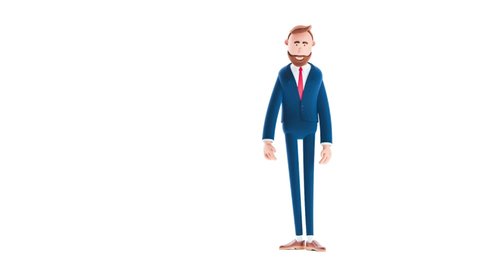 Billy cartoon businessman character  with yellow bulb on white background. 3d render illustration. Looped video. Innovation and inspiration concept. 