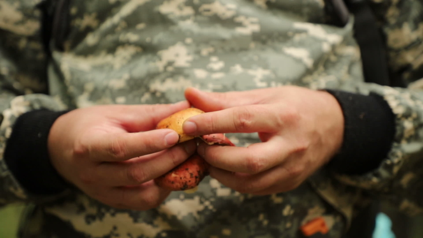 Caucasian traveler in camouflage clothes, examines an edible mushrooms in his hands, close-up | Shutterstock HD Video #1035361730