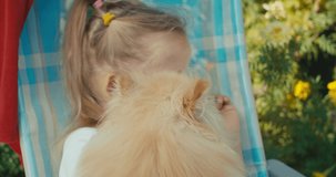 Happy little girl playing with dog in garden. Sunny summer day with a pomeranian spitz. Pretty kid sitting in chair outdoors and playing with puppy. 4k raw slow motion footage video 60 fps