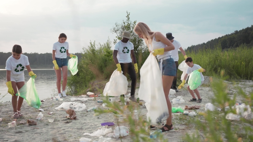 Ecology and environment. View of hardworking young students of eco movement picking up trash waste on lake beach working together as a team. Royalty-Free Stock Footage #1035365366