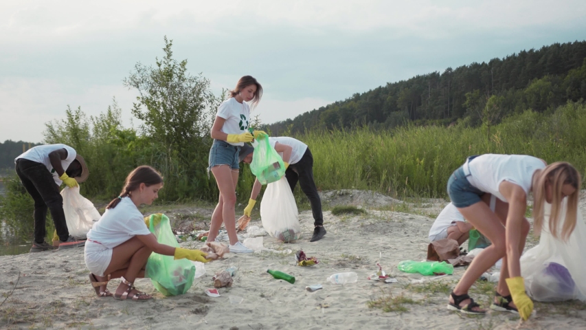 Save the planet. Team of vigorous recycling volunteers collecting plastic rubbish into bags on lake beach cleaning up nature landscape. Royalty-Free Stock Footage #1035365372