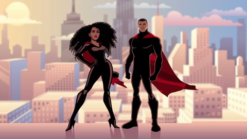 Male and female black superheroes posing in front of beautiful cityscape.