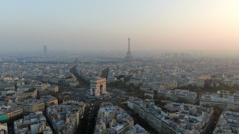 Aerial: Paris City Away From Arc de Triomphe and Traffic Circle, France