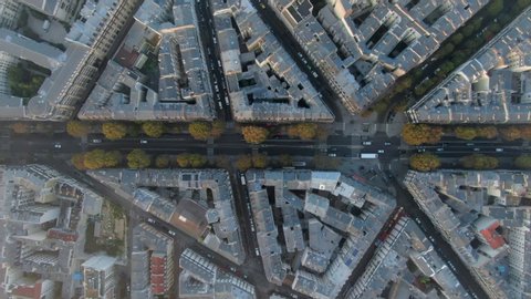 Aerial: Tree-Lined Avenue Among Angled City Blocks in Paris, France