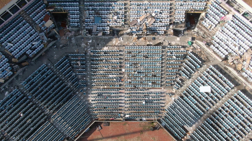Aerial Tilt: Dilapidated Minor League Stadium on Outskirts of Nashville with View of City