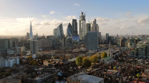 Aerial: London Cityscape and Skyscrapers on Sunny Day, United Kingdom