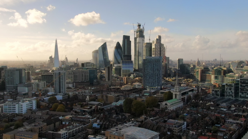 Aerial: London Cityscape and Iconic Skyscrapers, United Kingdom Royalty-Free Stock Footage #1035380996