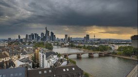 Frankfurt skyline aerial view from day to night time lapse video in 4k. Frankfurt am main germany city from above.