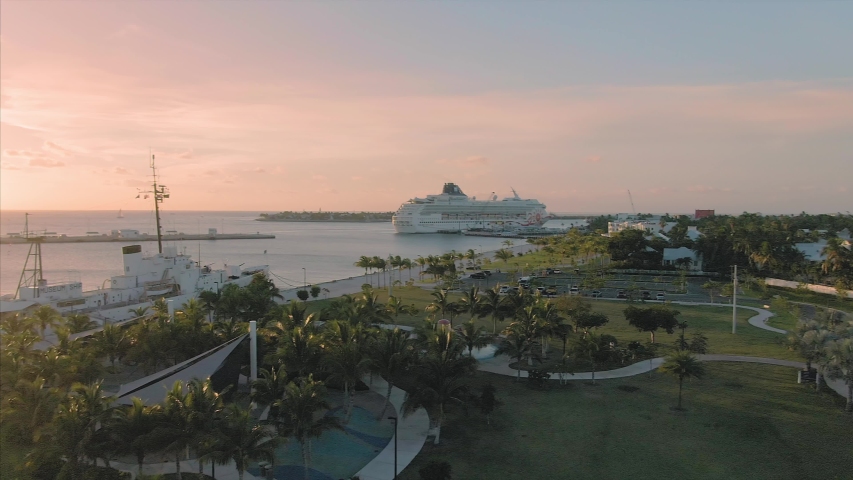 Aerial over residential suburbs of Key West at sunrise, Florida, USA 