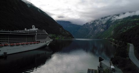 Geiranger / Norway - 09 04 2018: Preziosa Cruise Ship Leaving Geirangerfjord