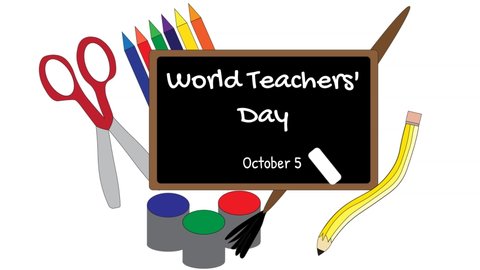 World Teachers’ Day illustrated on white banner with arts and crafts supplies. 
