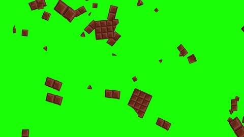 Pieces of a chocolate bar of different sizes falling and floating on green screen. Sweet fast food or snack in chroma key. Candy concept. 3d animation background