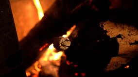 This video shows delicious marshmallows roasting over fire for campers s'mores, against a dark night sky.