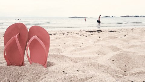 A pair of flip flops sticking out on a sandy beach. Cloudy beach landscape.