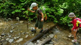 Little brother and sister are walking along a forest trail. The concept of active and healthy children. - Powered by Shutterstock - Get 15% off with code: PIKWIZARD15