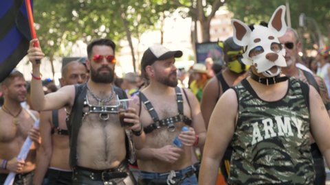 Madrid, Spain. CIRCA July 2019: Human Pups and Gay Leather guys in a Pride demonstration in Madrid. People dressed like dogs. LGTB Communities
