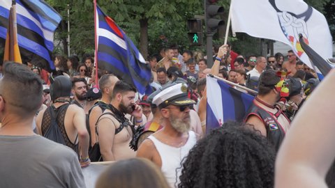 Madrid, Spain. CIRCA July 2019: Crowd of people in a Gay Pride LGTB demonstration in Madrid. Human Pups and Gay Leather guys