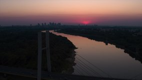 Drone footage of beautiful sunset over Warsaw.
