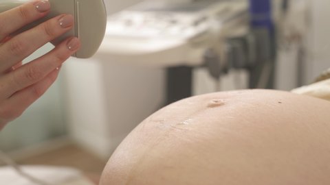 Close-up of gynecologists hand holding ultrasound probe with sonographic gel while doing ultra sound check-up to a pregnant woman. Prenatal medicine