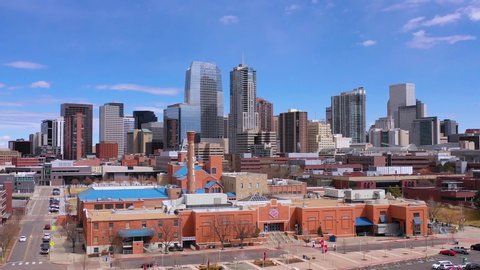 DENVER, COLORADO - CIRCA 2018 - Good aerial of downtown Denver Colorado business district and establishing skyline.
