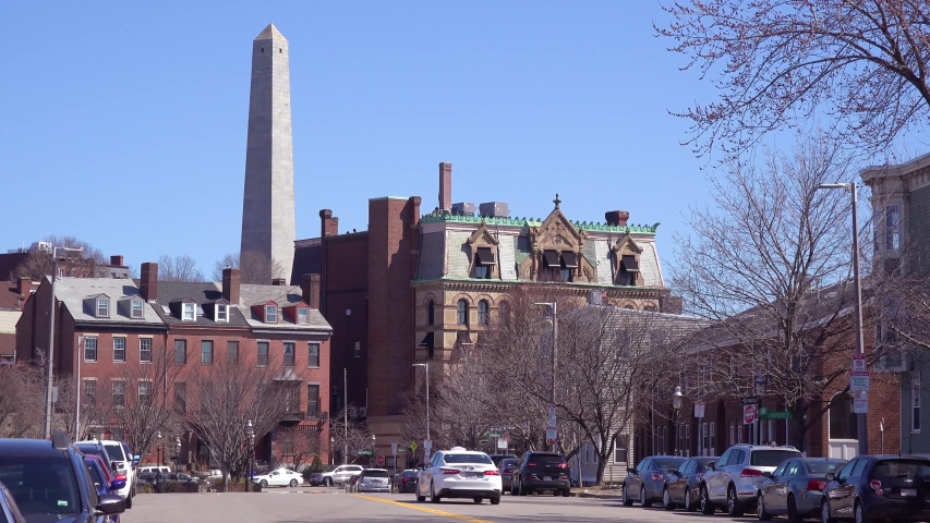 BOSTON, MASSACHUSETTS - CIRCA 2018 - Establishing shot of apartments and streets on Bunker Hill, Boston, Massachusetts.