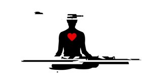 Black silhouette of a meditating man with red beating heart with glitch effect on white background in seamless loop