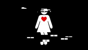 White icon of a woman with red beating heart with glitch effect on black background in seamless loop