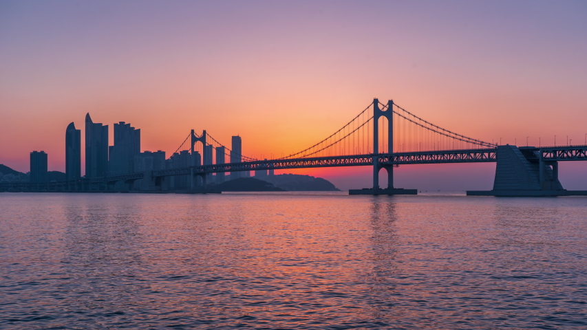 Time lapse Sunrise of Gwangan Bridge and Haeundae at Busan City, South Korea.