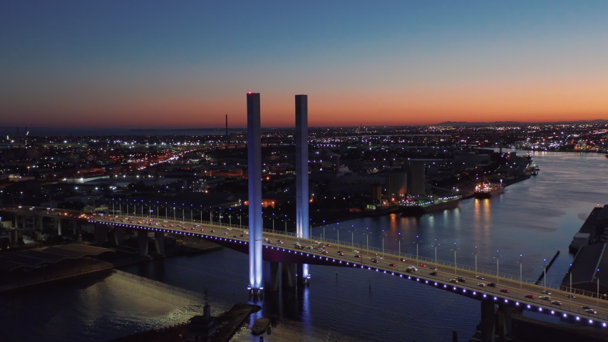 Aerial sunset video view of Bolte Bridge at Dockland, Melbourne, Australia 
