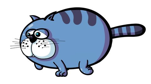Cartoon blue cat moves with mask – walking, sitting, sleeping, standing. Loop. Seamless transitions character with outline and alpha channel. Cute funny isolated pet animation useful for any project.