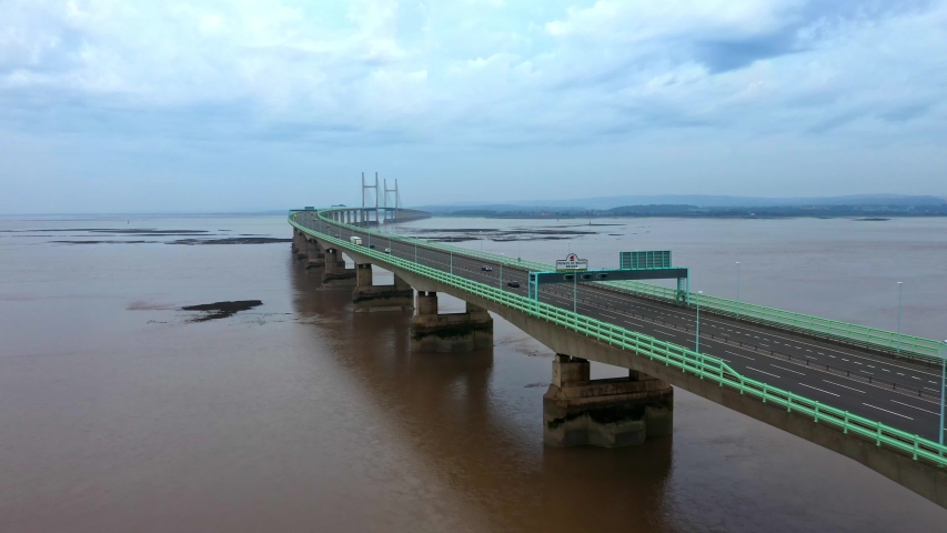 Real time flight across the Second Severn Bridge, Prince of Wales Bridge, towards Wales