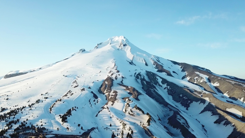 Mount Hood Summit, Oregon State Usa Aerial on Sunny Winter Day. Potentially Active Volcano and Popular Winter Sports Destination