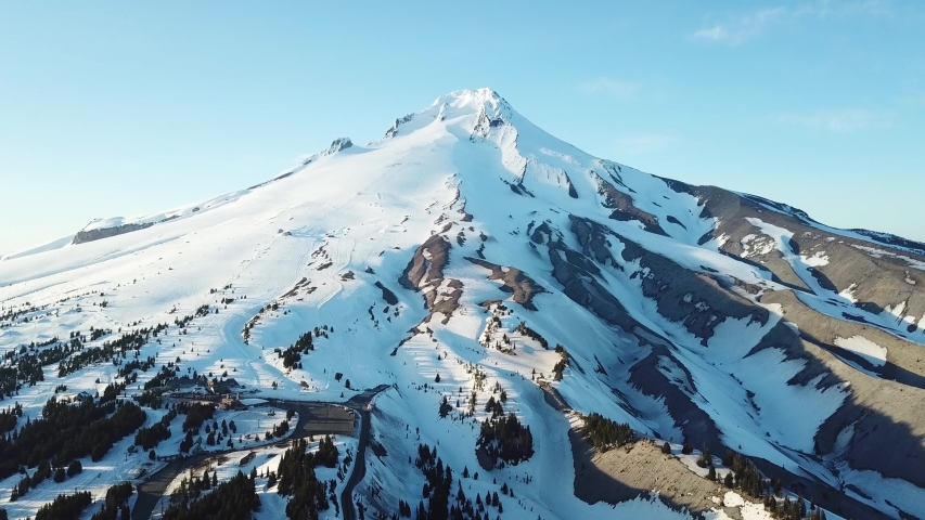 Mount Hood, Oregon Usa Cinematic Pull Back Aerial. Popular Winter Sport Destination and Stratovolcano