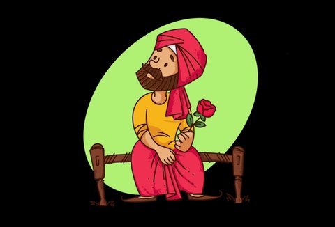Vector cartoon illustration of Punjabi sardar man sitting on a bed with a rose in hand thinking . Explainer video animated character.