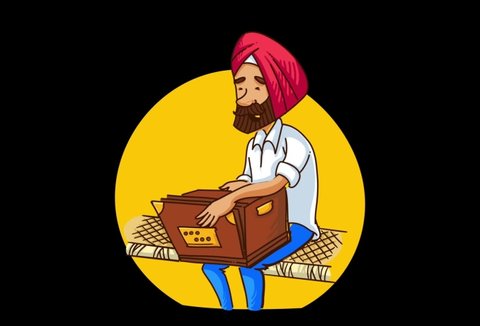 Vector cartoon illustration of  a punjabi sardar man playing harmonium on bed . Explainer video animated character.