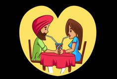 Vector cartoon illustration of Punjabi sardar couple drinking juice. Explainer video animated character.