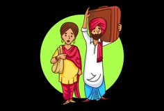 Vector cartoon illustration of  a Punjabi sardar couple travelling . Explainer video animated character.
