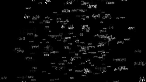 Graphics showing Multiple Languages Spoken in India- english,Hindi,Gujarati, Marathi, Bengali, Urdu, sanskrit, tamil